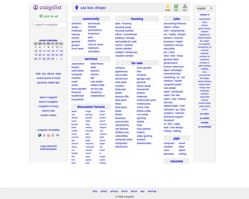 craigslist: San Luis Obispo job board platform screenshot showing job search interface