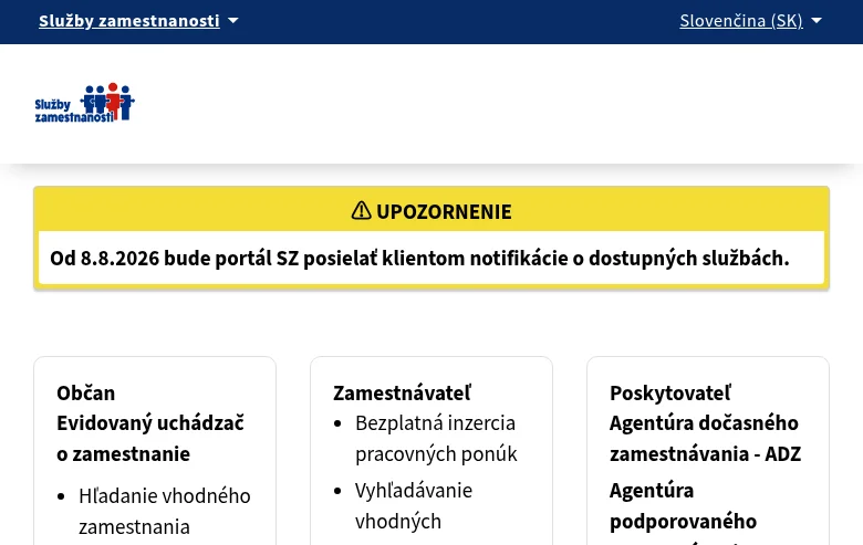 Služby zamestnanosti job board platform screenshot showing job search interface