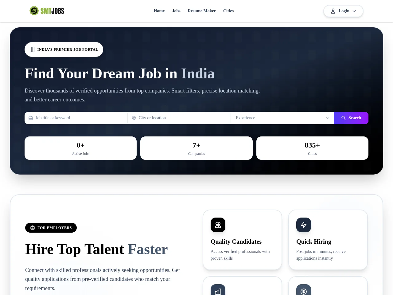 SMTJobs job board platform screenshot showing job search interface