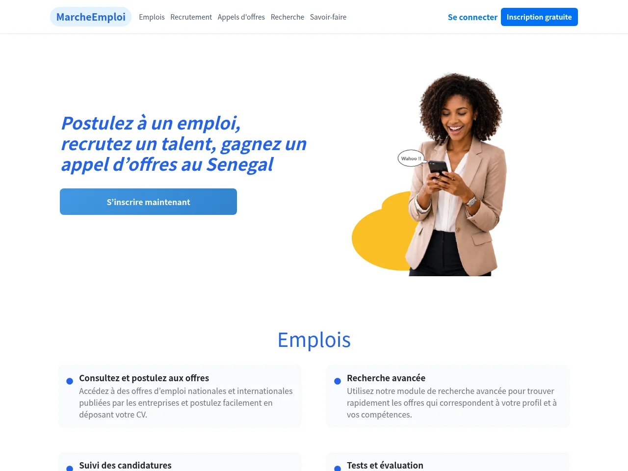 Marché Emploi job board platform screenshot showing job search interface