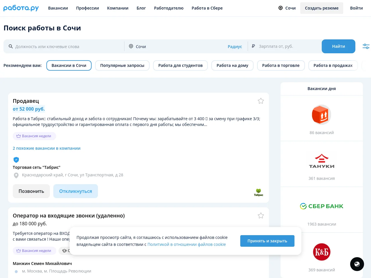 Rabota.ru job board platform screenshot showing job search interface