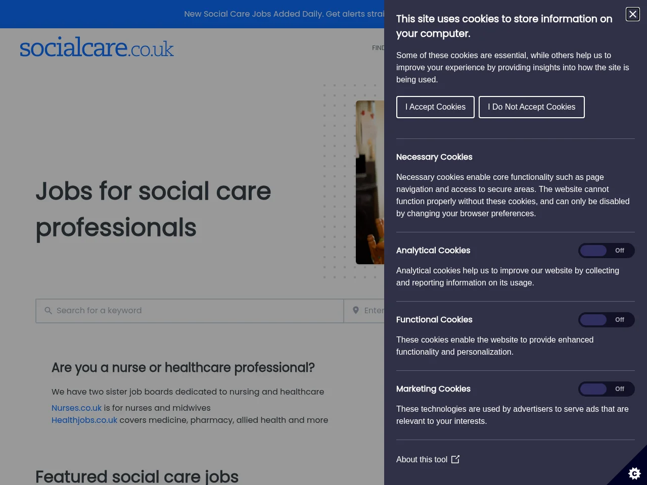 Socialcare.co.uk job board platform screenshot showing job search interface