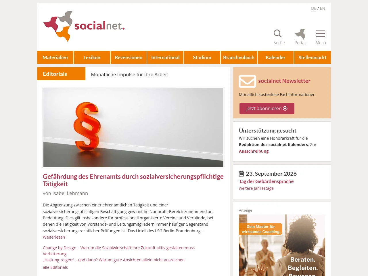 socialnet.de job board platform screenshot showing job search interface