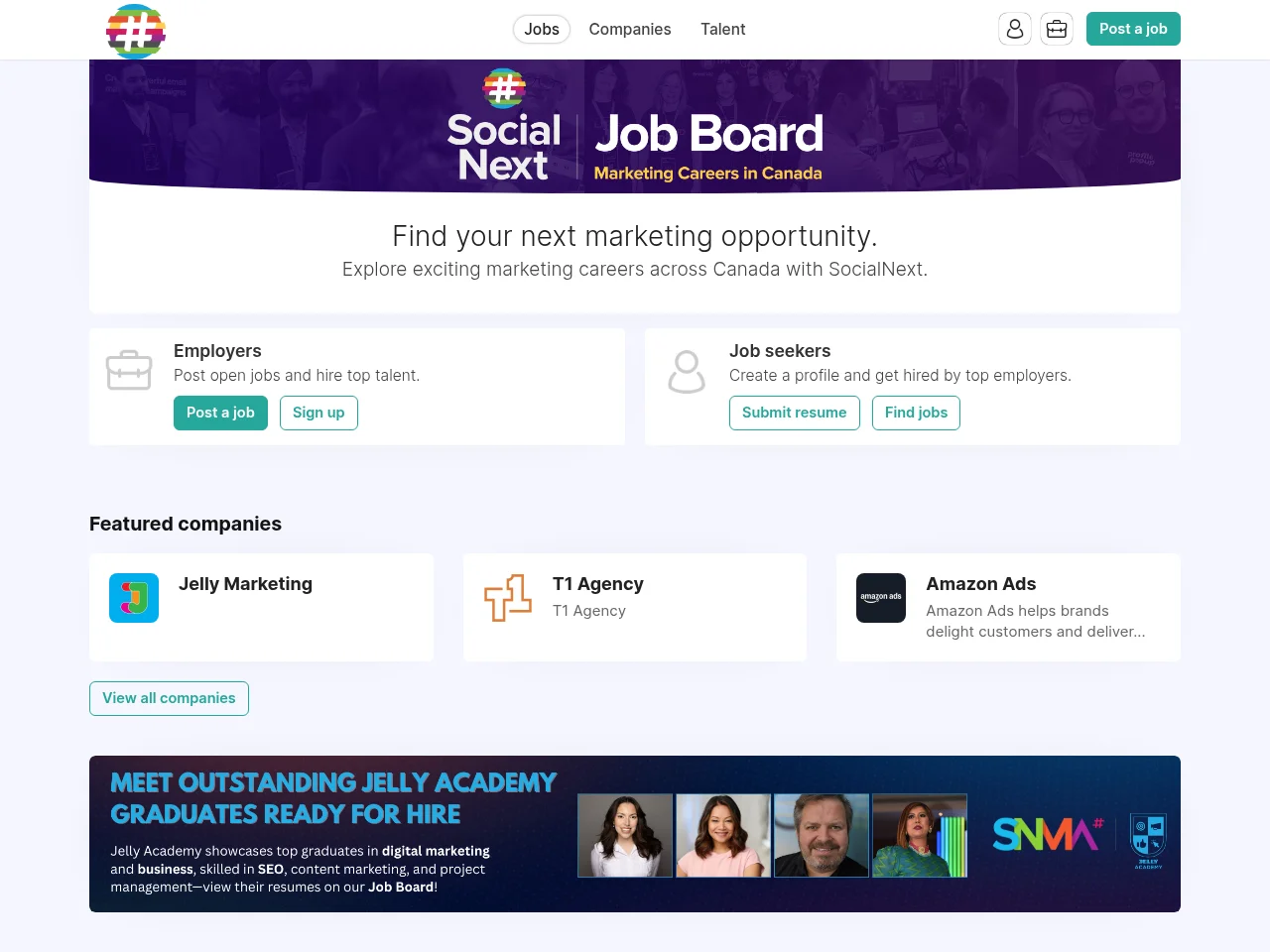 SocialNext job board platform screenshot showing job search interface