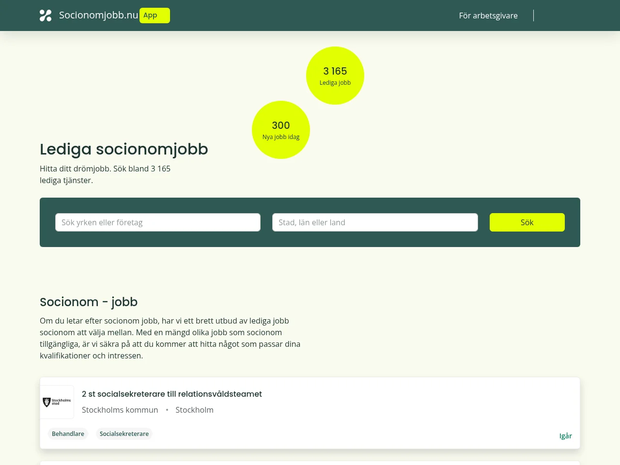 Socionomjobb.nu job board platform screenshot showing job search interface