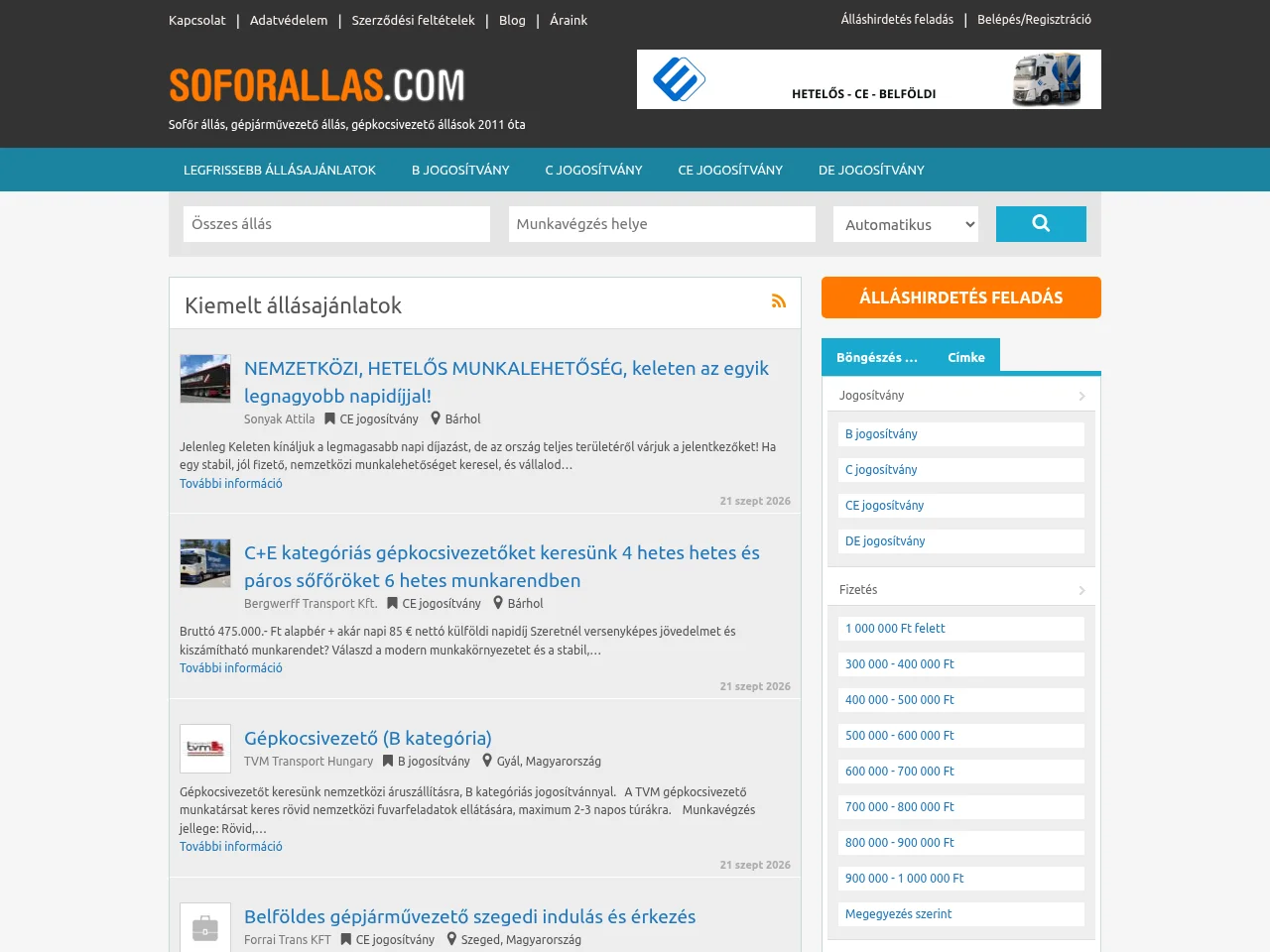 Sofőr állás screenshot Sofőr állás job board platform screenshot showing job search interface