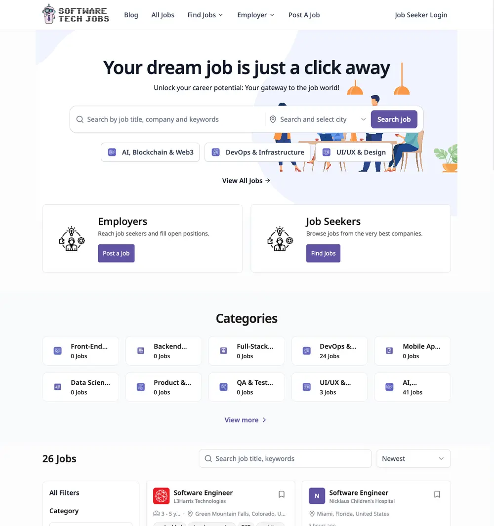 Software Tech Jobs job board platform screenshot showing job search interface