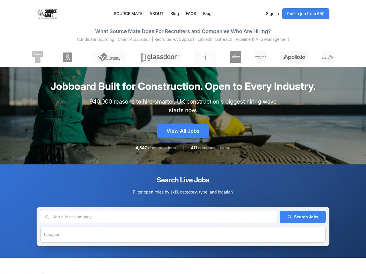 Source Mate Ltd job board platform screenshot showing job search interface