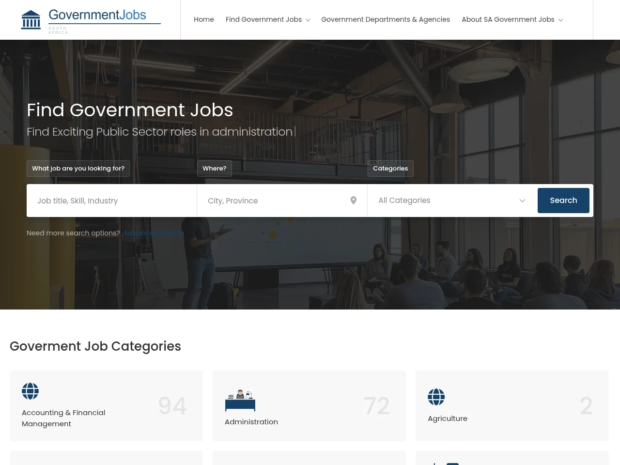South African Government Jobs job board platform screenshot showing job search interface