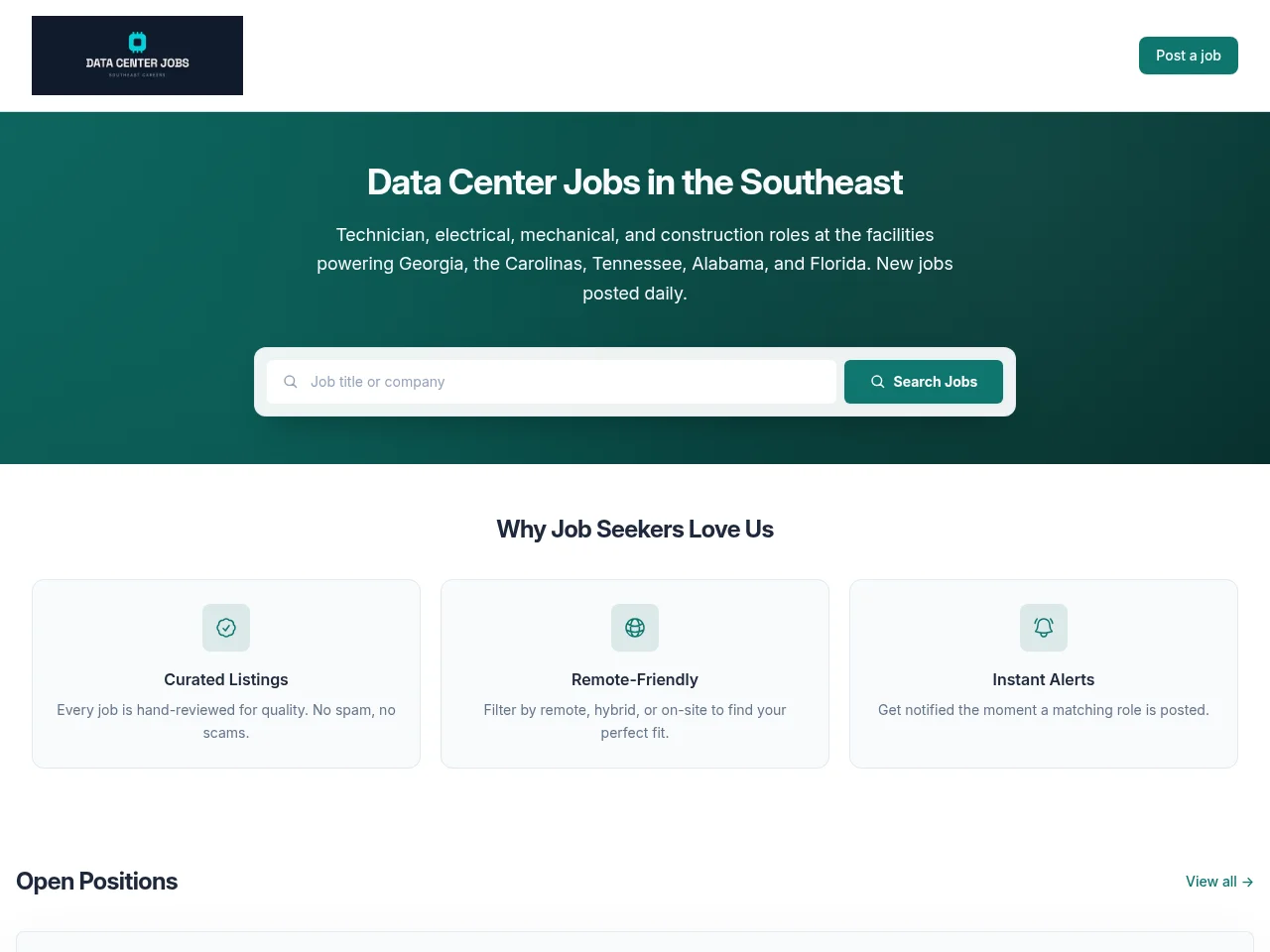 Southeast Data Center Jobs screenshot Southeast Data Center Jobs job board platform screenshot showing job search interface