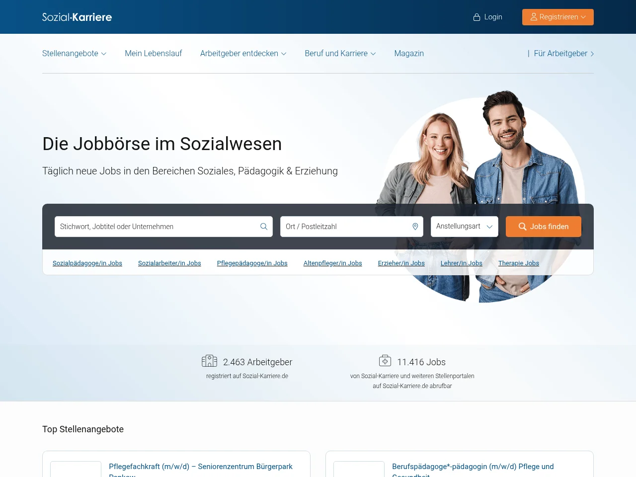 Sozial-Karriere job board platform screenshot showing job search interface