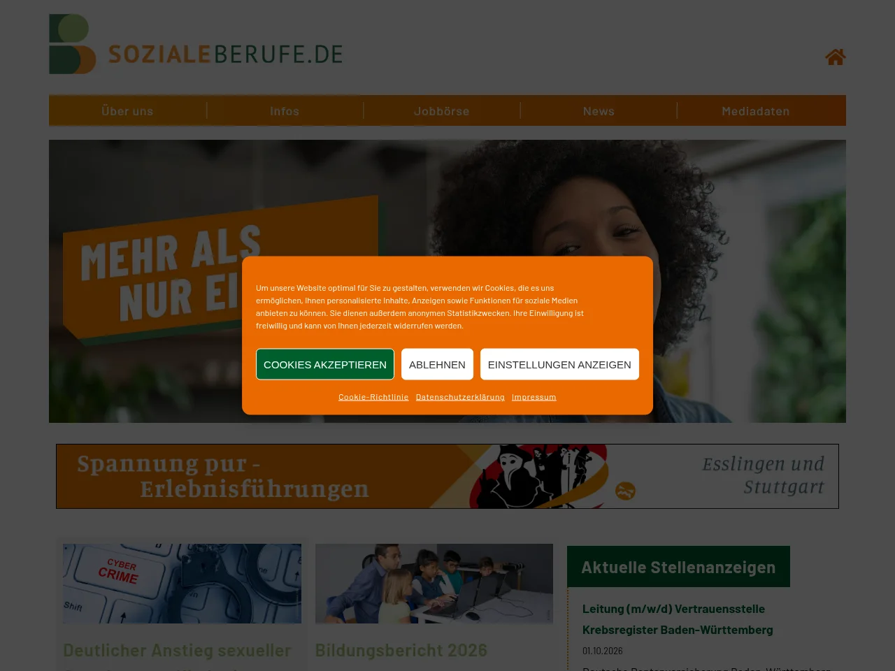 Soziale Berufe job board platform screenshot showing job search interface