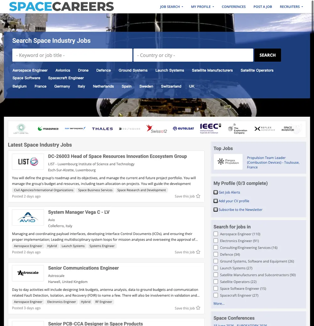 Space-Careers job board platform screenshot showing job search interface