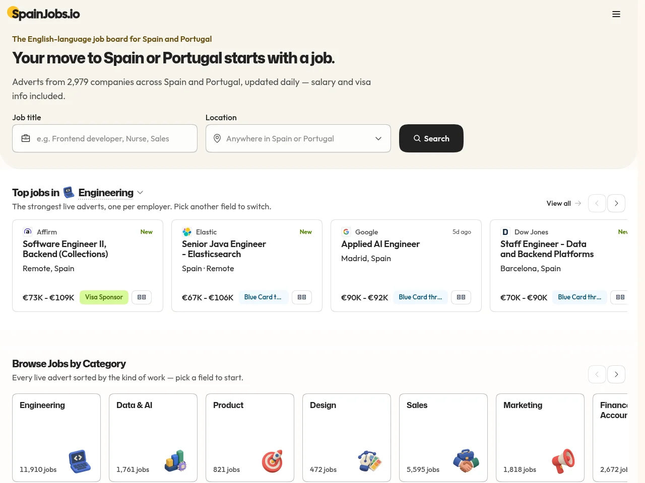 SpainJobs.io job board platform screenshot showing job search interface