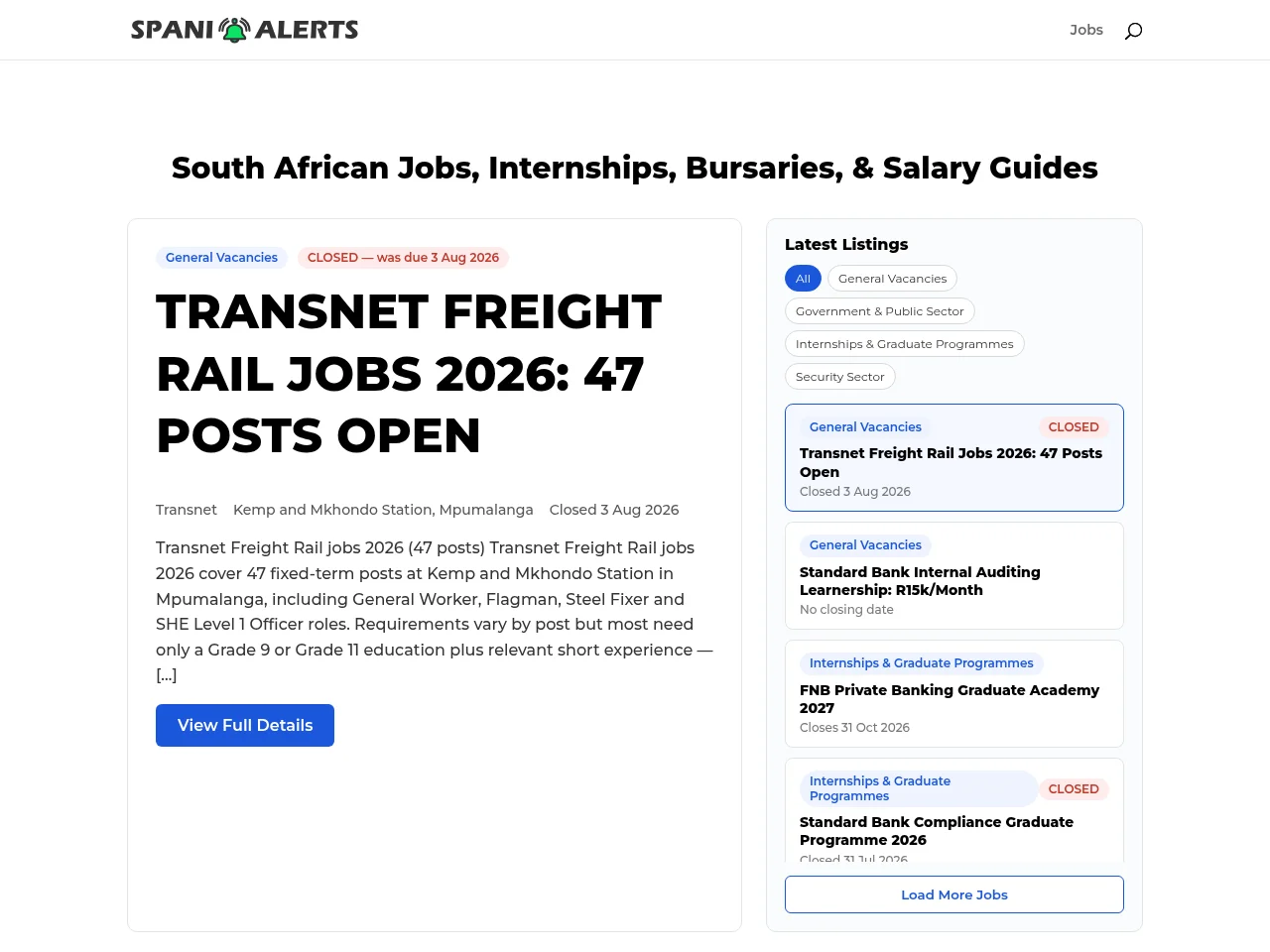 Spani Alerts job board platform screenshot showing job search interface