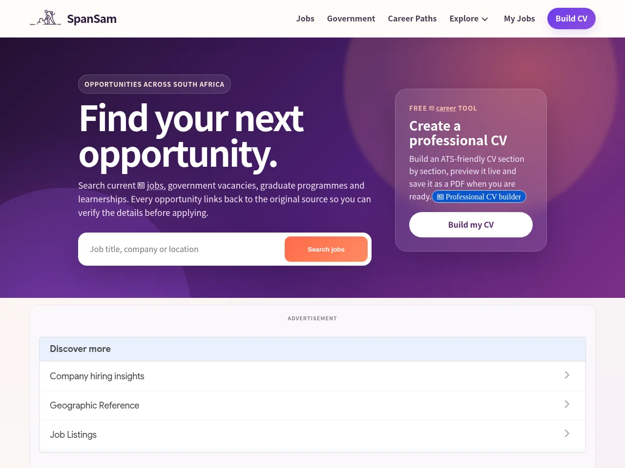 SpanSam job board platform screenshot showing job search interface