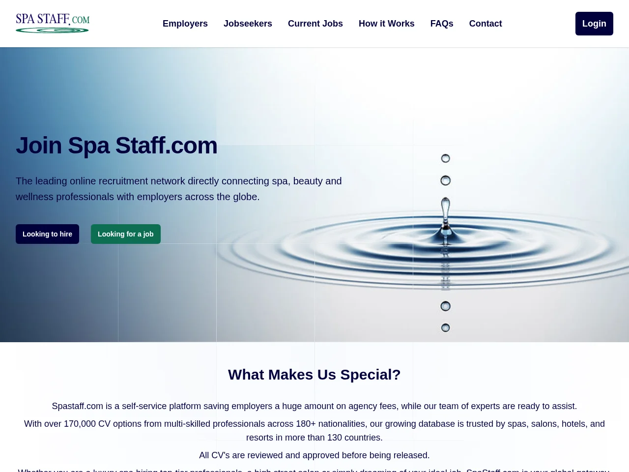 Spa Staff.com job board platform screenshot showing job search interface