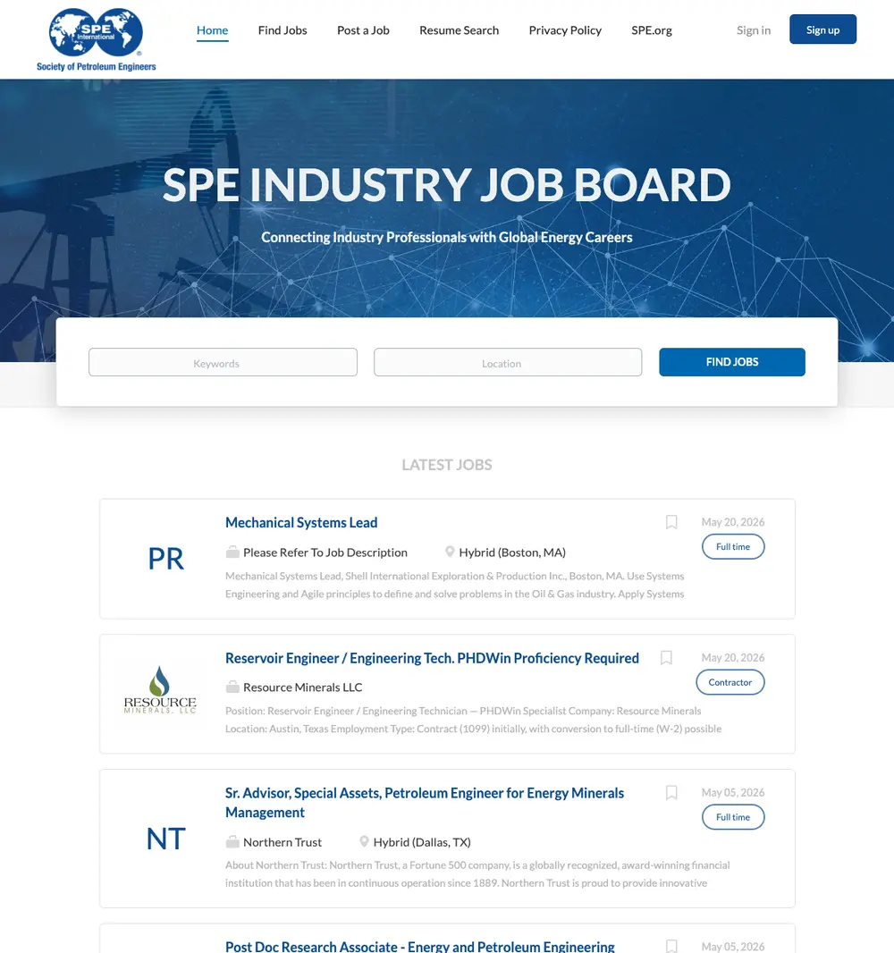 Society of Petroleum Engineers Job Board job board platform screenshot showing job search interface