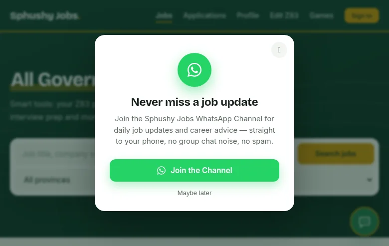 Sphushy Jobs job board platform screenshot showing job search interface