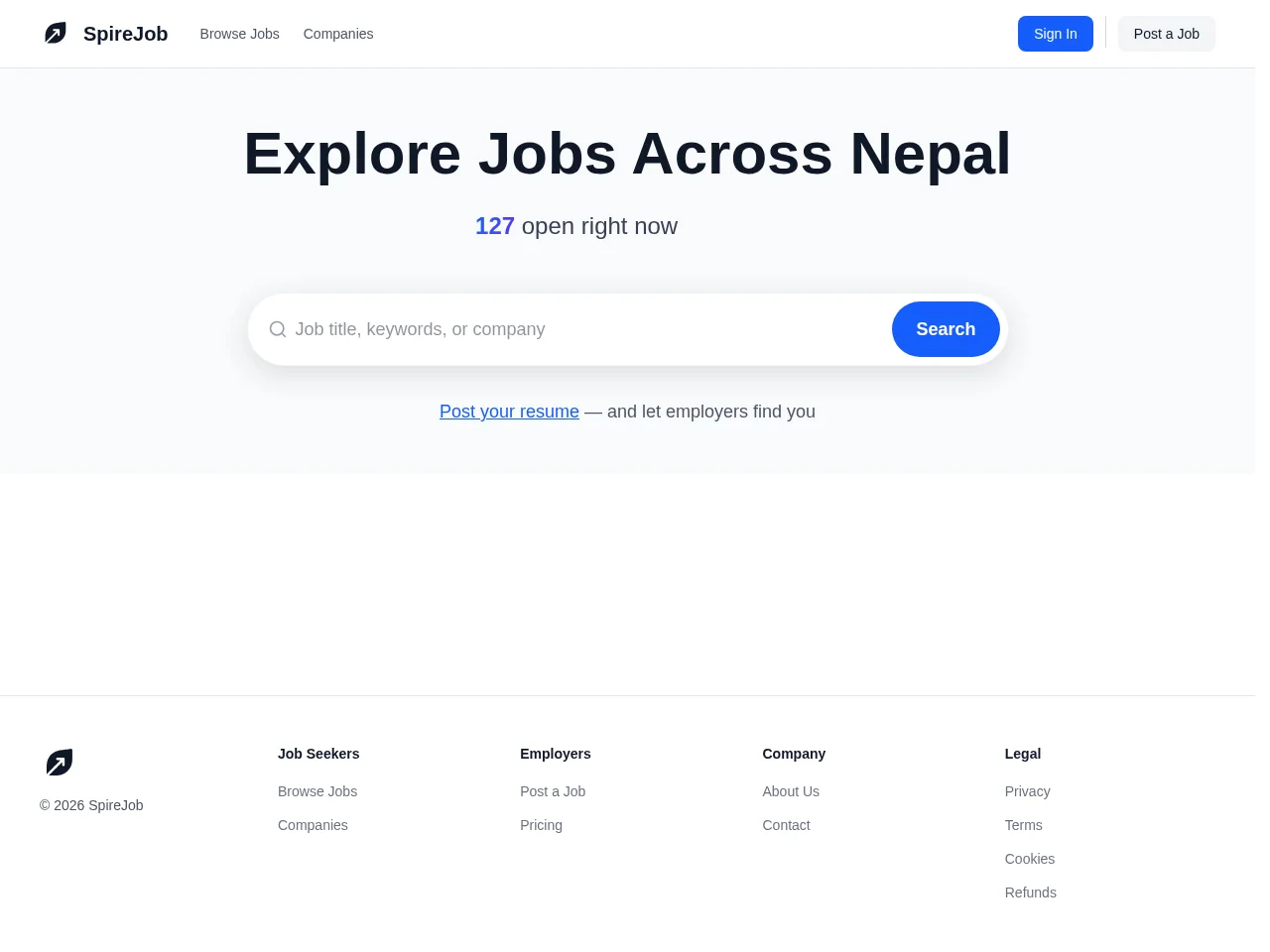 SpireJob job board platform screenshot showing job search interface