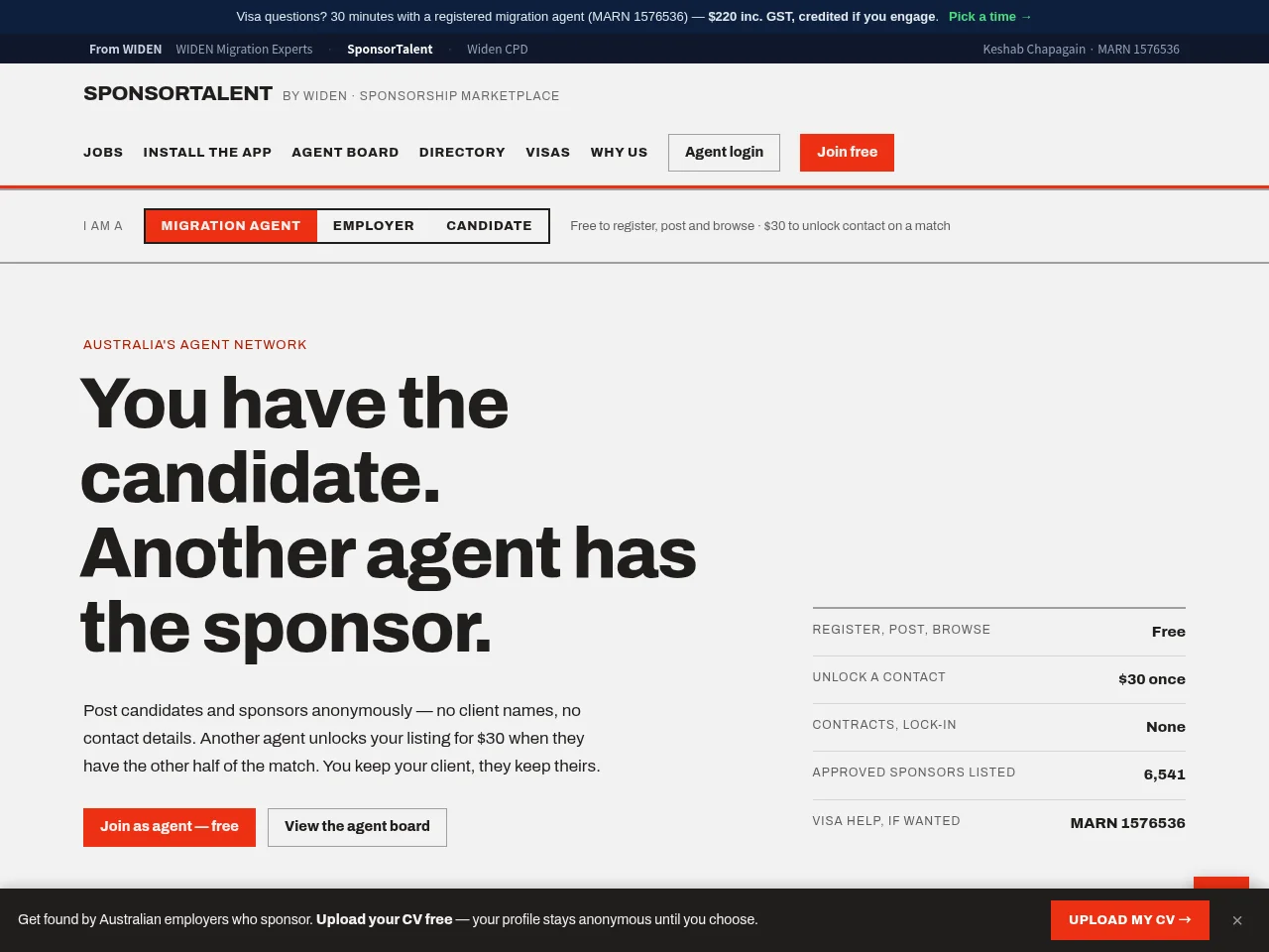 SponsorTalent job board platform screenshot showing job search interface