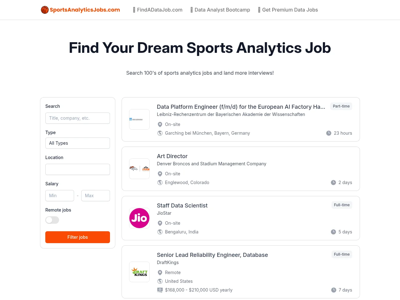 Sports Analytics Jobs screenshot Sports Analytics Jobs job board platform screenshot showing job search interface