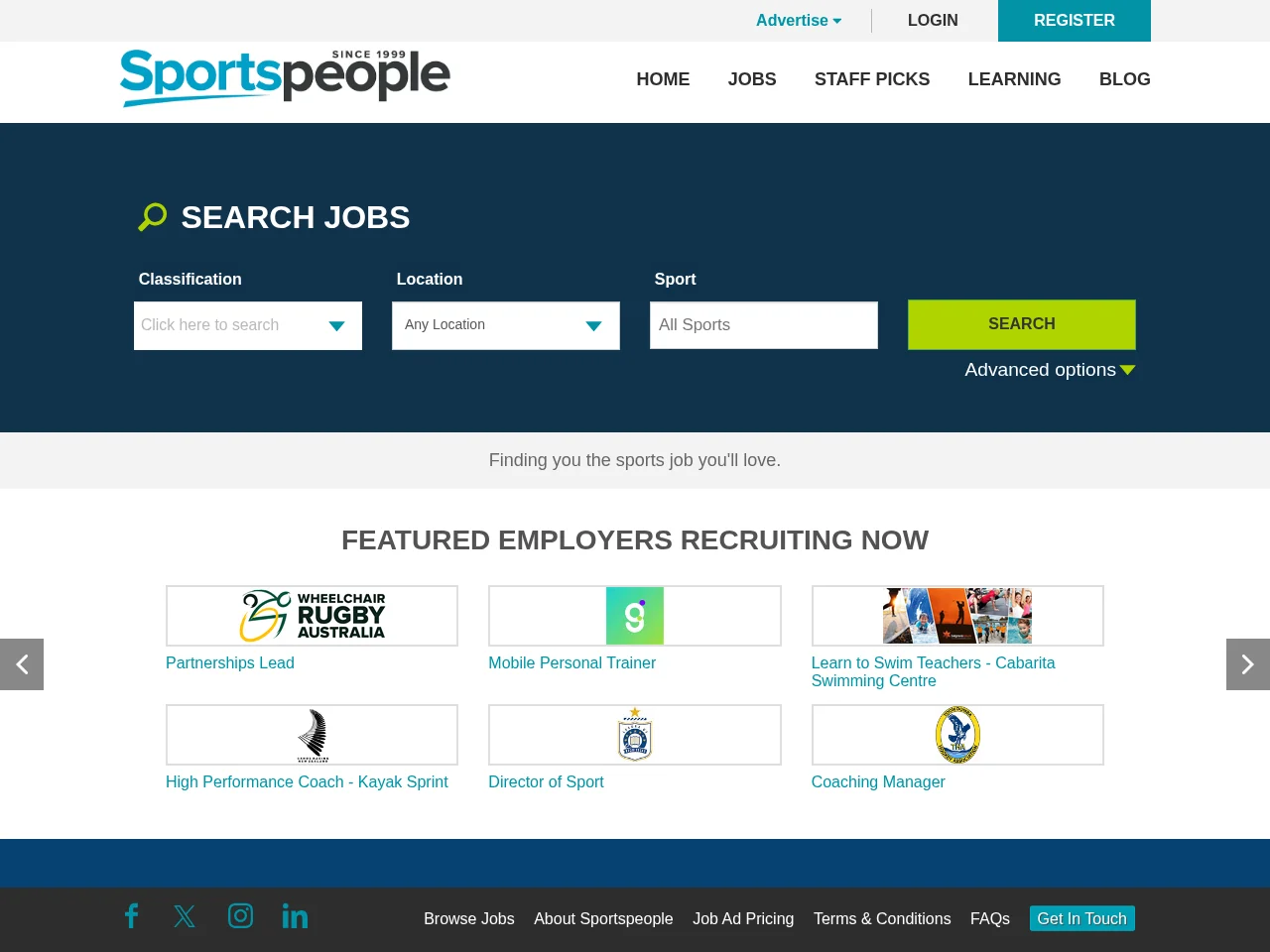 Sportspeople job board platform screenshot showing job search interface