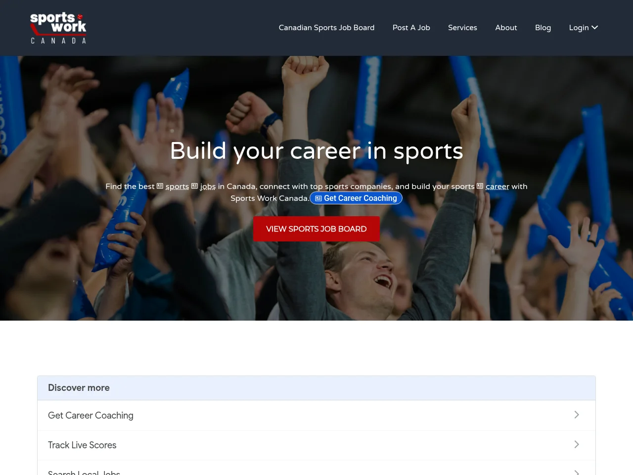 Sports Work Canada job board platform screenshot showing job search interface
