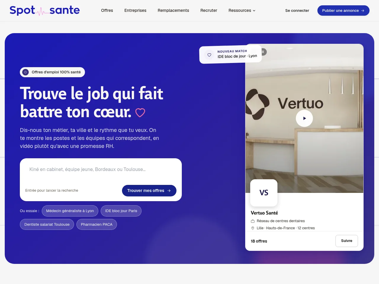 Spot Santé job board platform screenshot showing job search interface