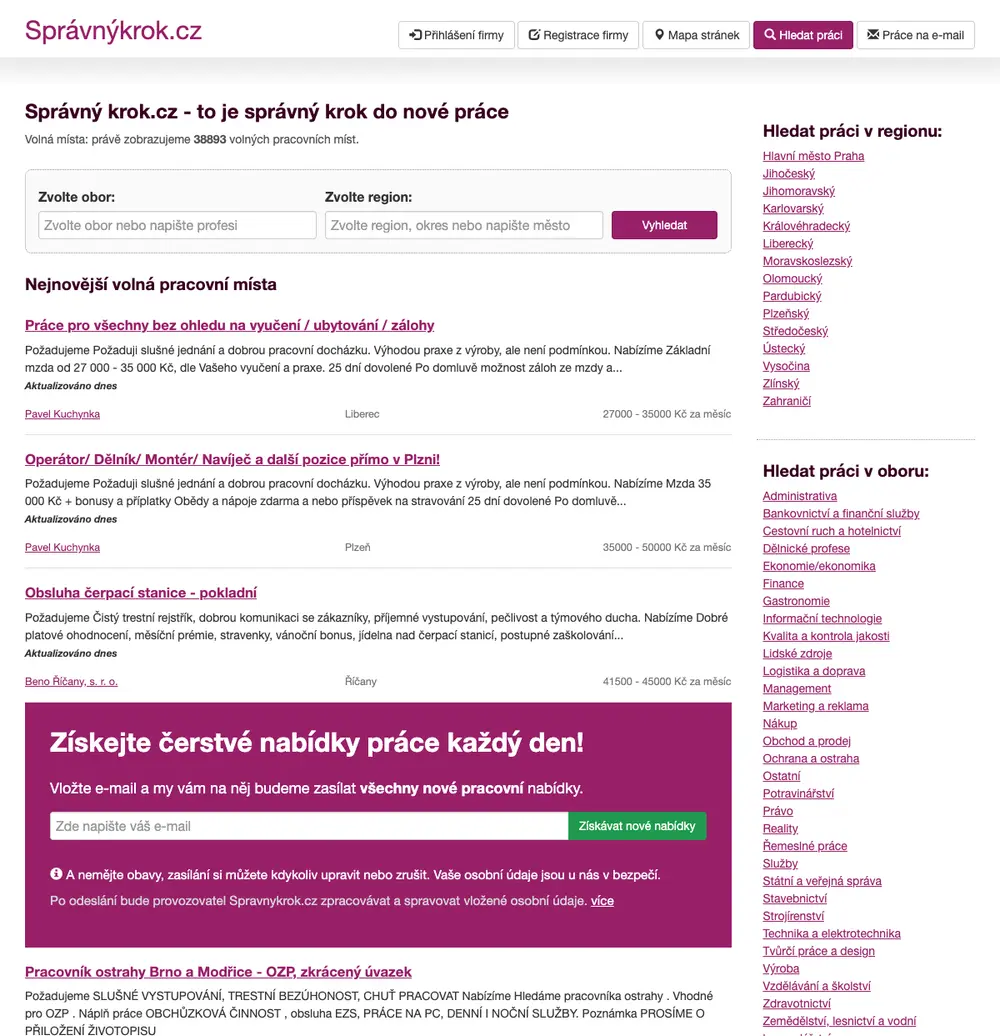Správný krok.cz job board platform screenshot showing job search interface