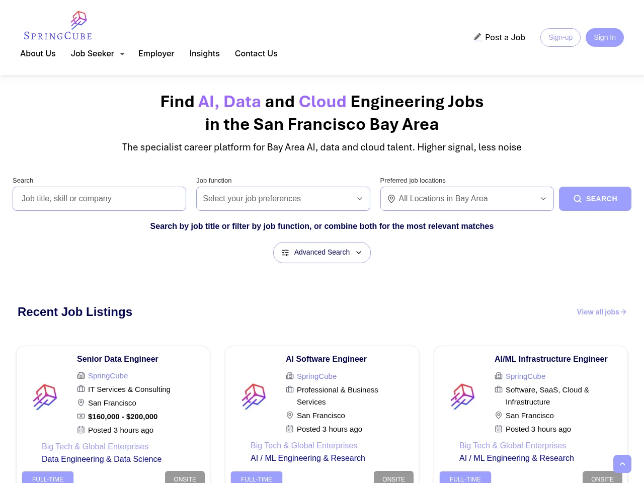 SpringCube job board platform screenshot showing job search interface