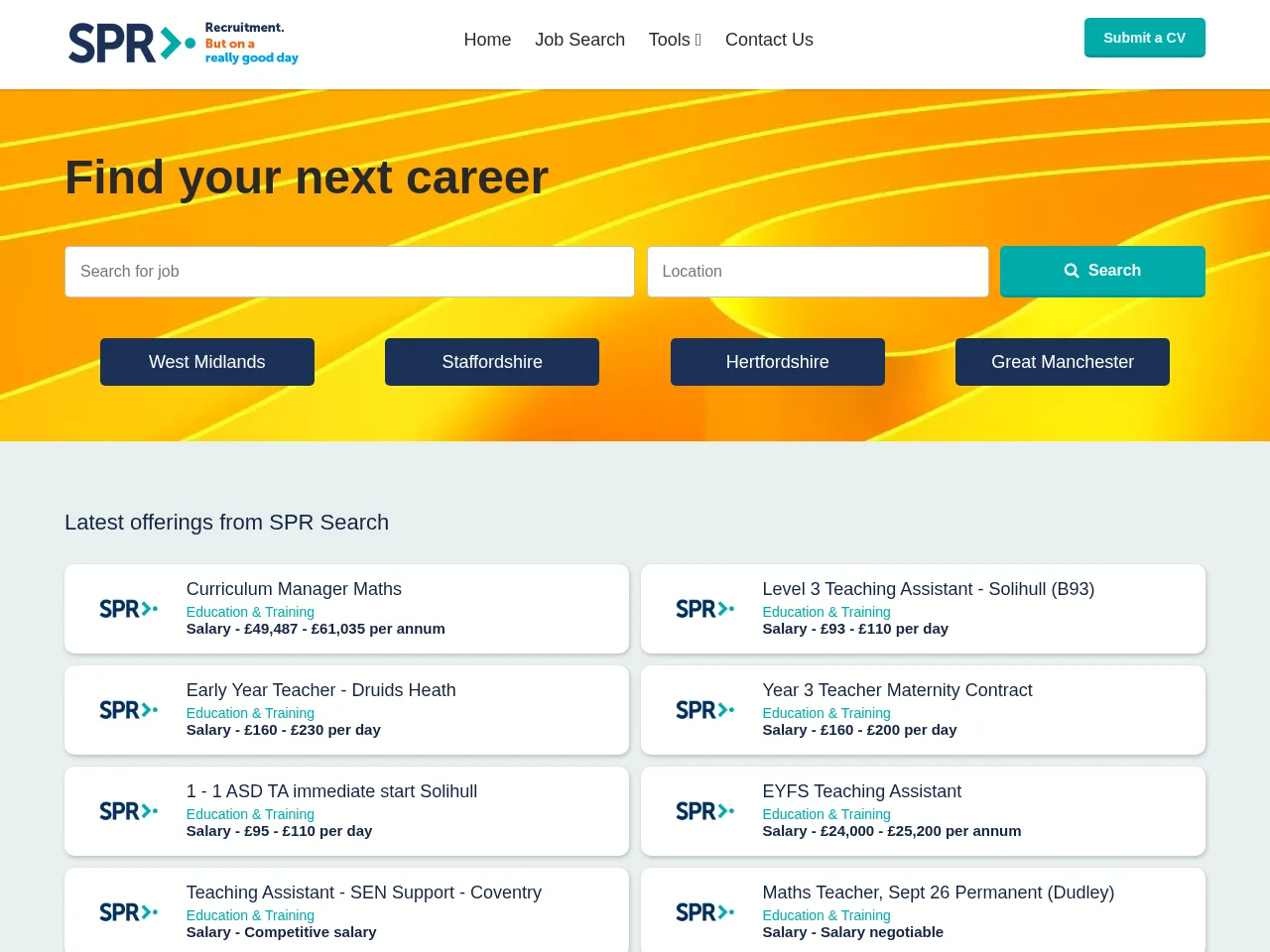 SPR Search job board platform screenshot showing job search interface