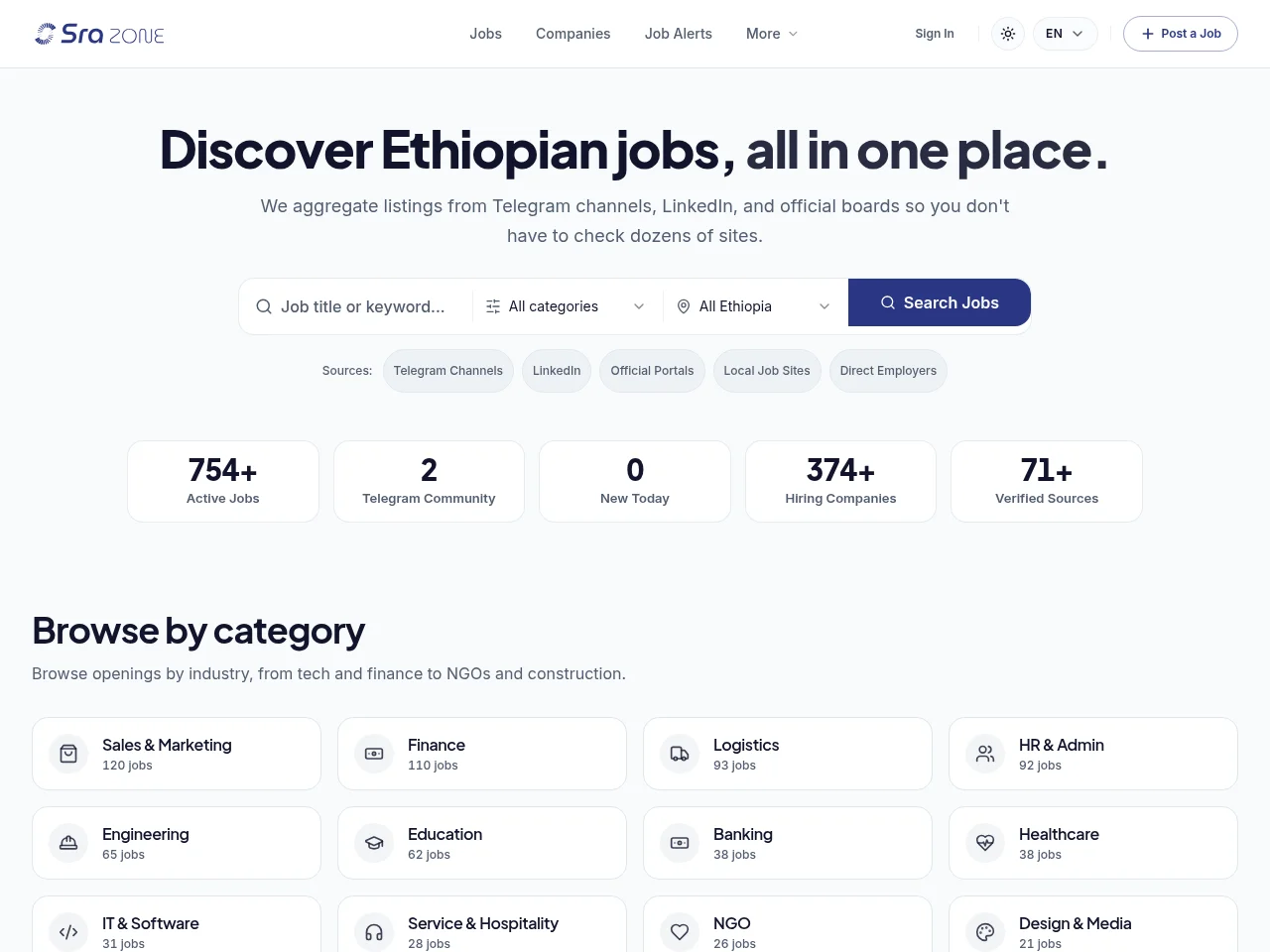 SraZone job board platform screenshot showing job search interface
