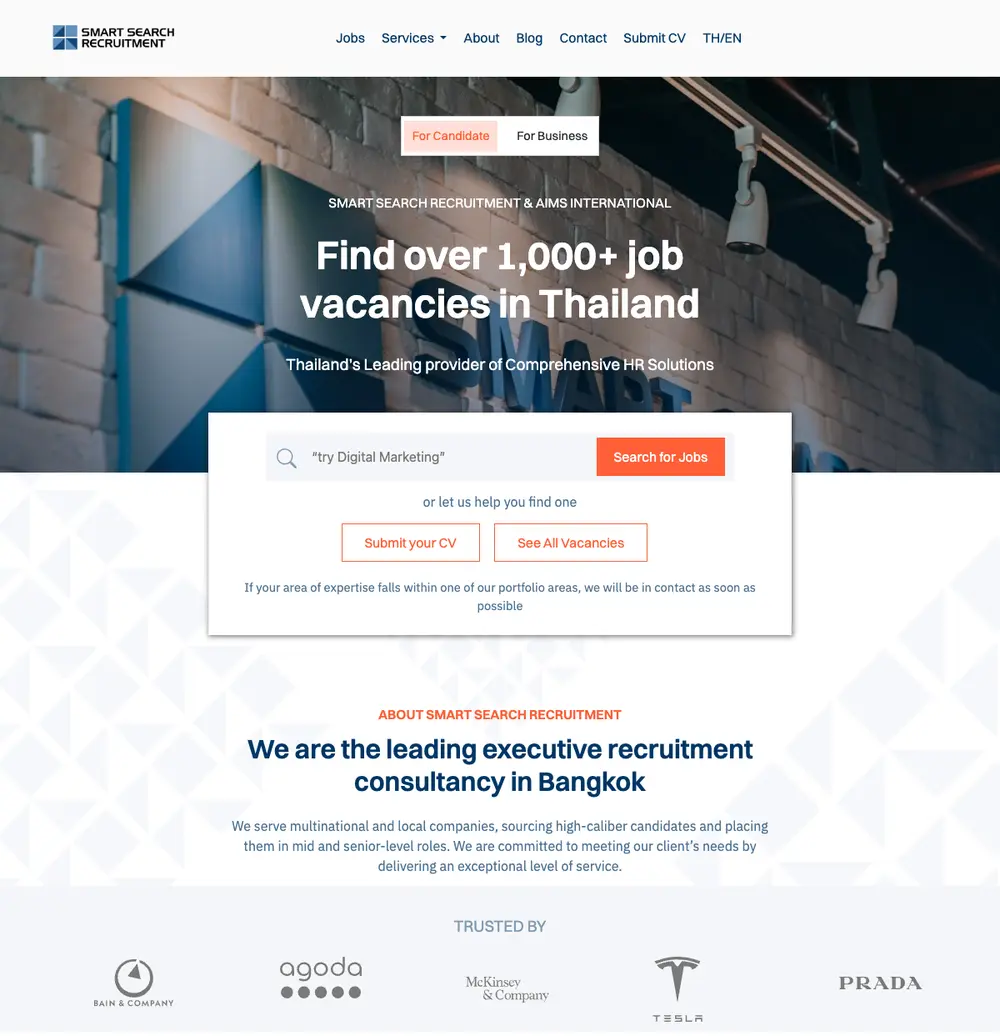 Smart Search Recruitment job board platform screenshot showing job search interface