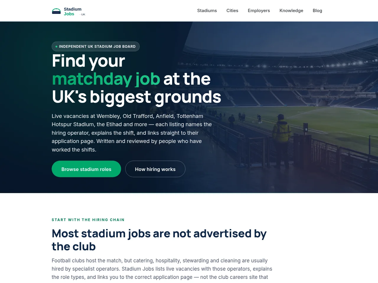 Stadium Jobs job board platform screenshot showing job search interface