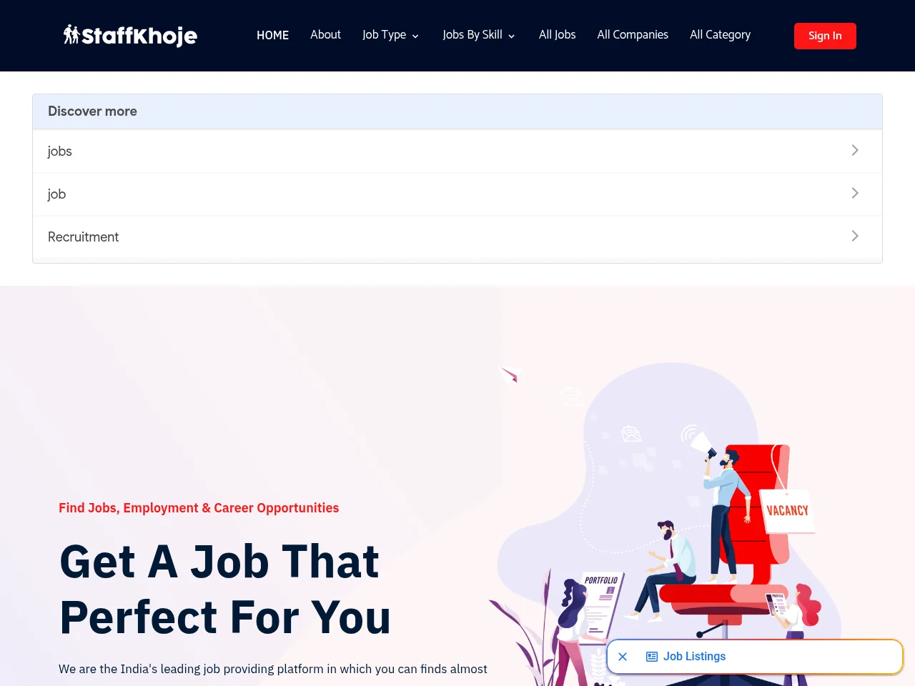 StaffKhoje.com job board platform screenshot showing job search interface