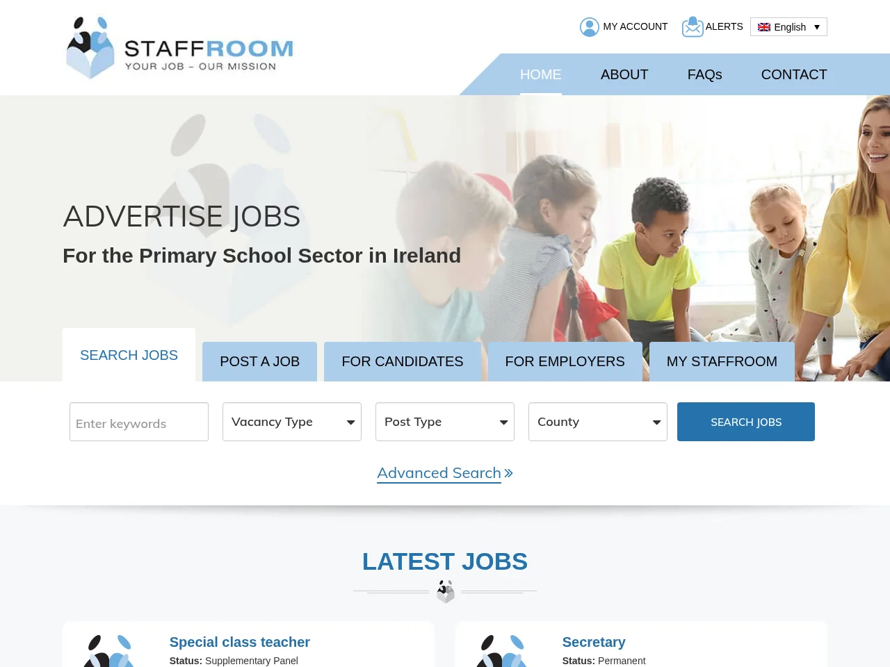 Staffroom.ie job board platform screenshot showing job search interface