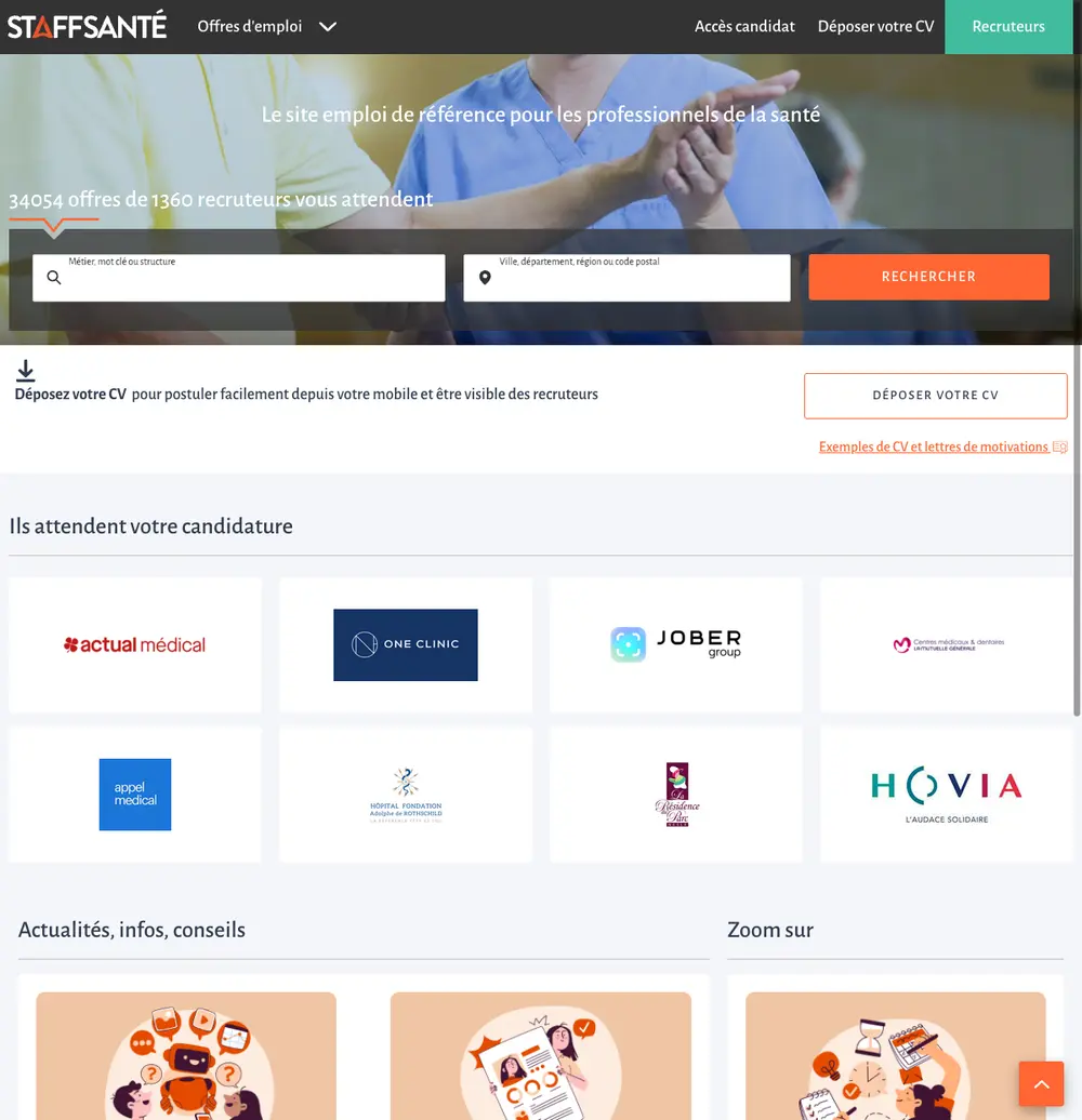 Staffsanté job board platform screenshot showing job search interface
