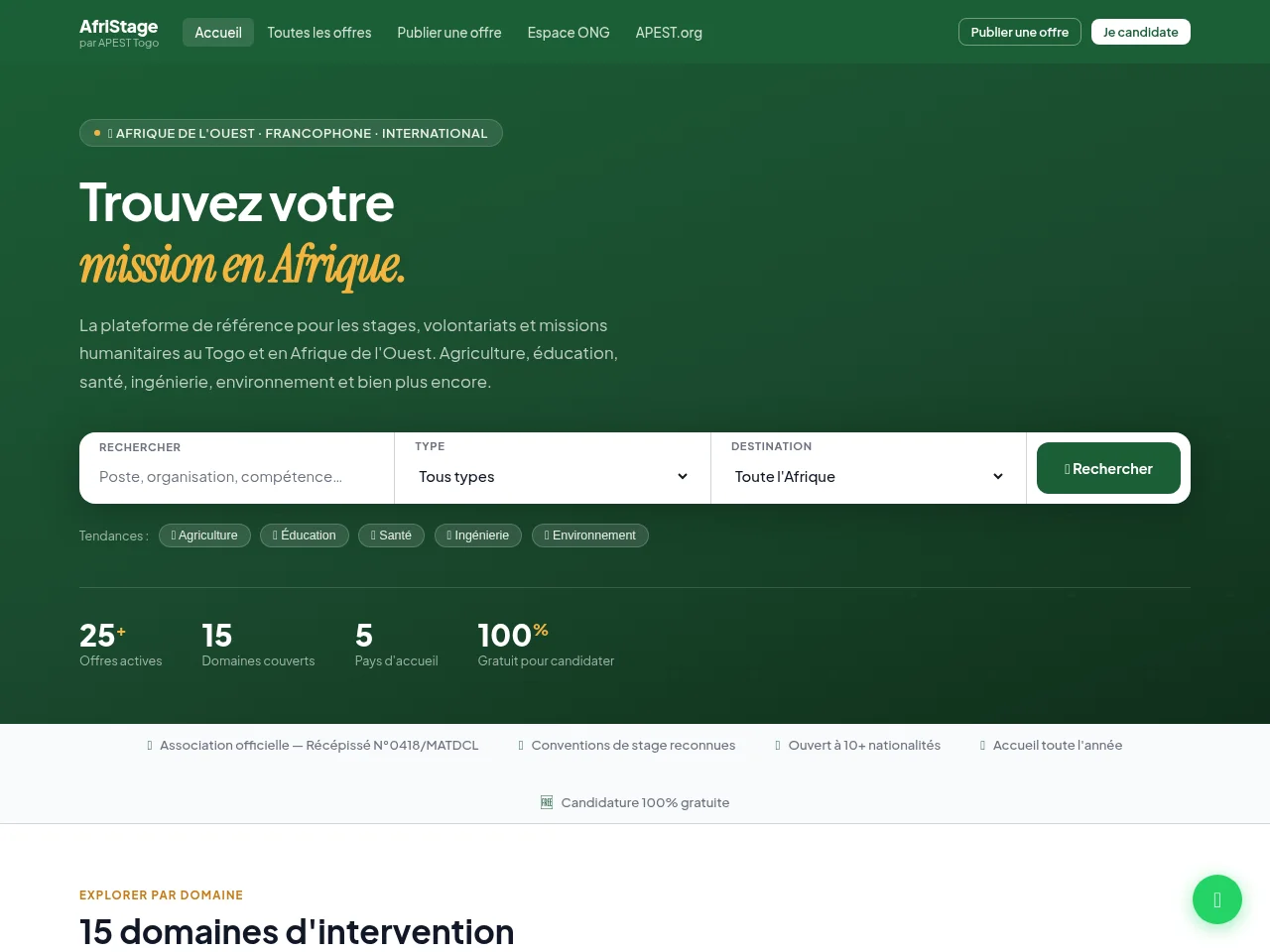 AfriStage job board platform screenshot showing job search interface