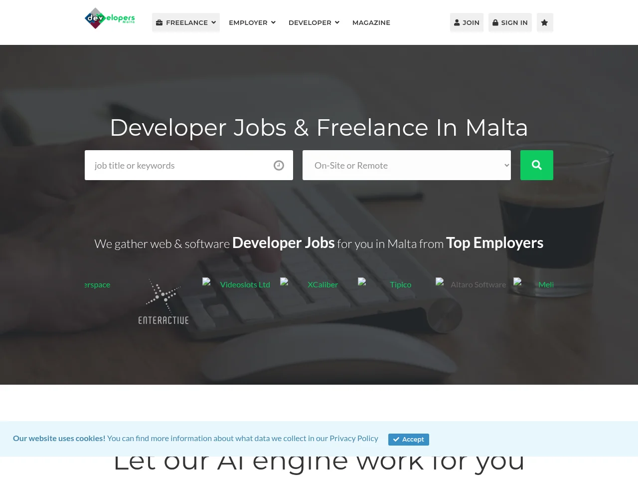 Developers Malta job board platform screenshot showing job search interface