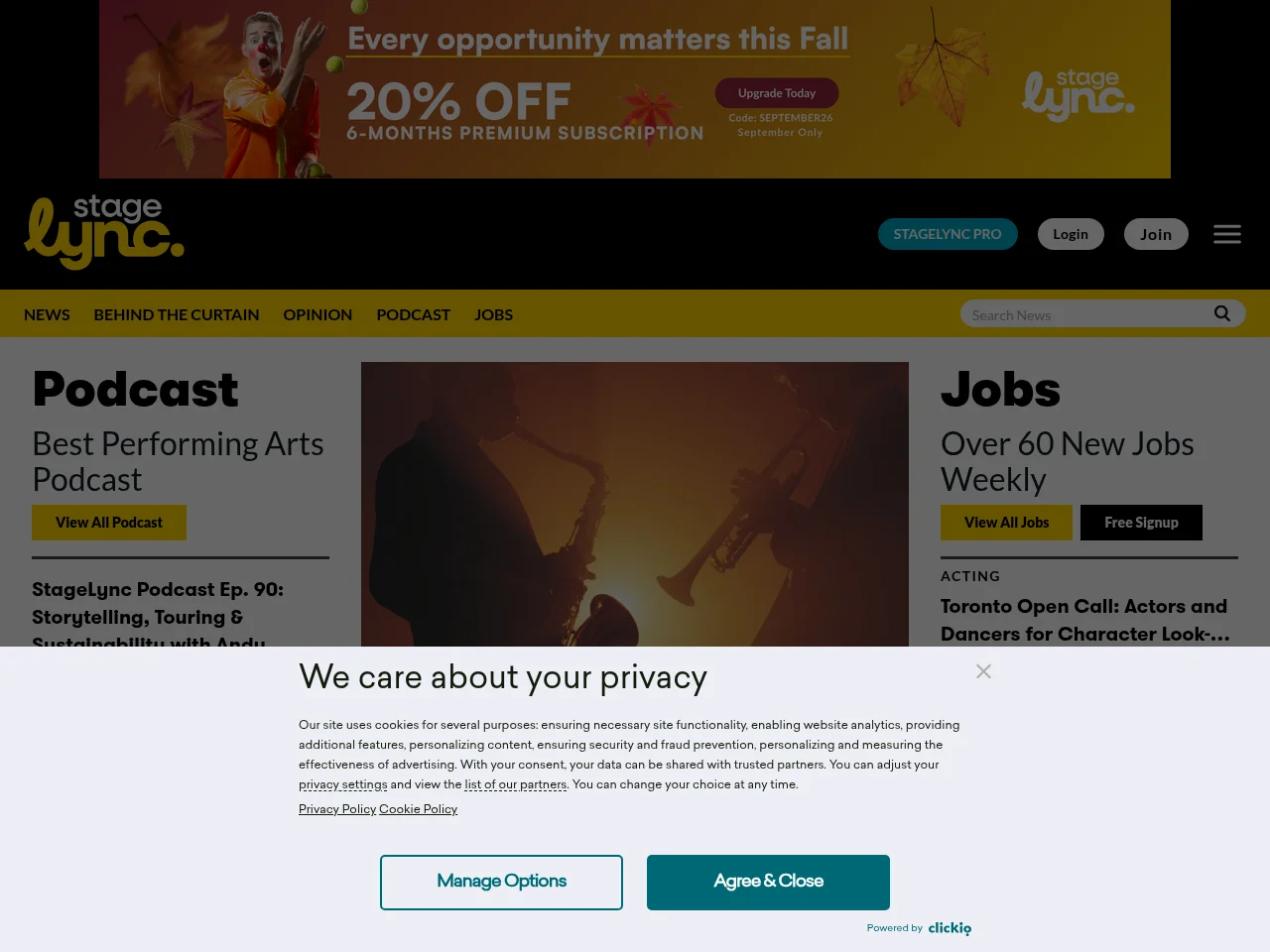 StageLync job board platform screenshot showing job search interface