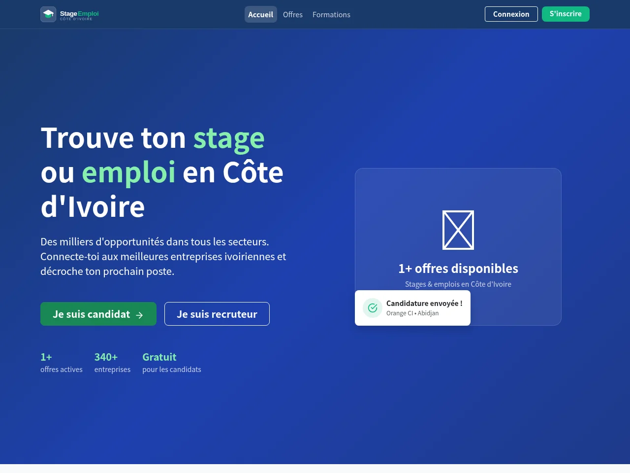 Stages Emplois CI screenshot Stages Emplois CI job board platform screenshot showing job search interface