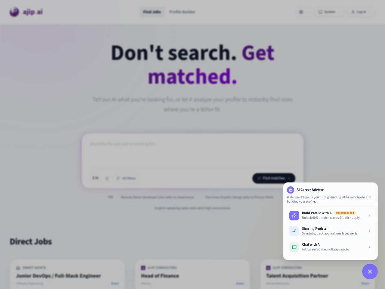 ajip.ai job board platform screenshot showing job search interface