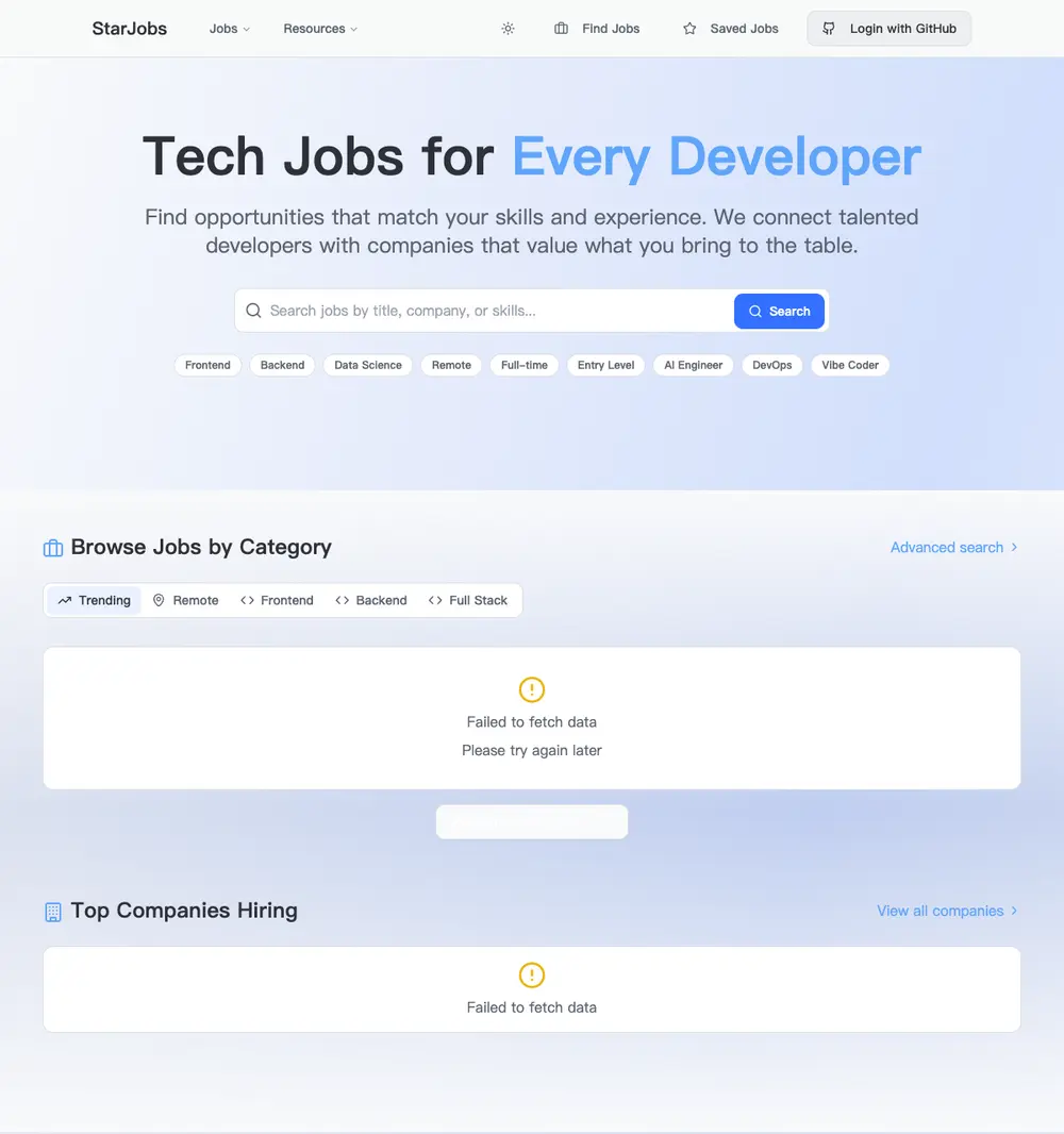 StarJobs job board platform screenshot showing job search interface