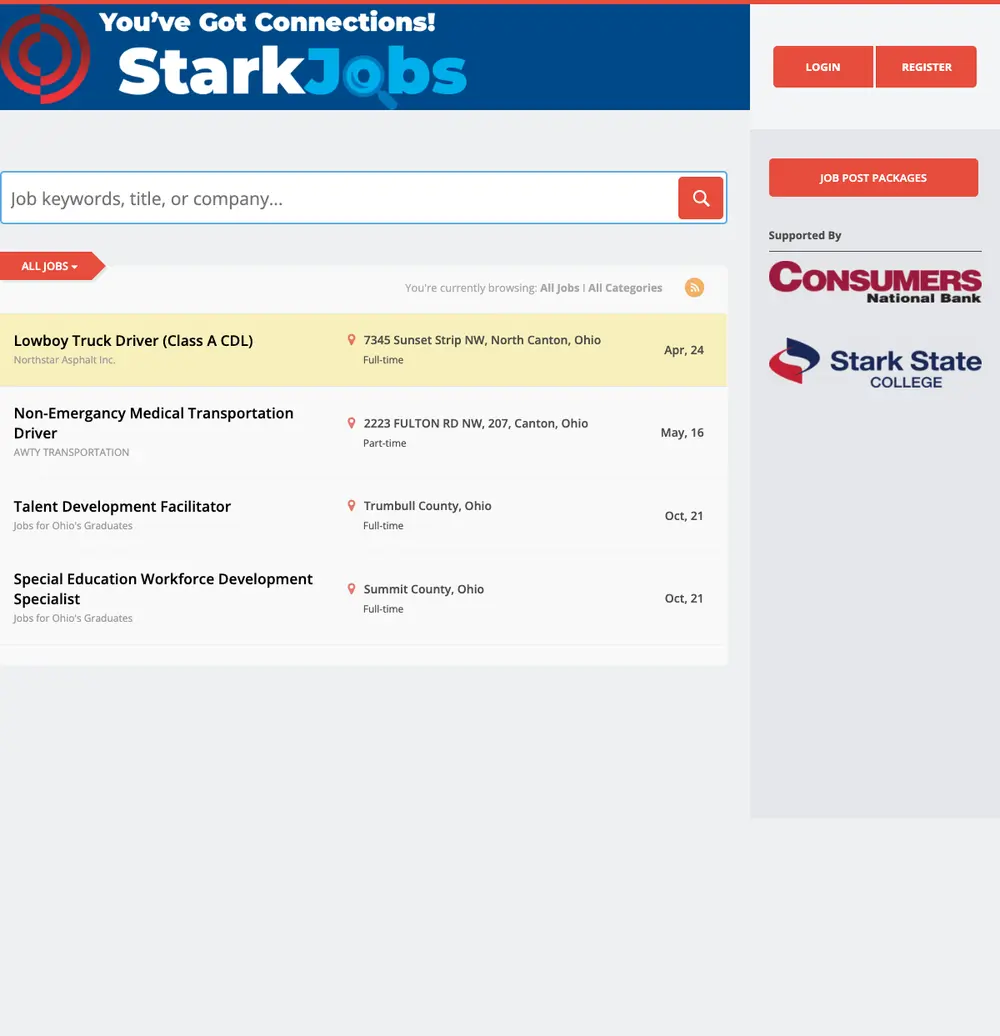 StarkJobs.com job board platform screenshot showing job search interface