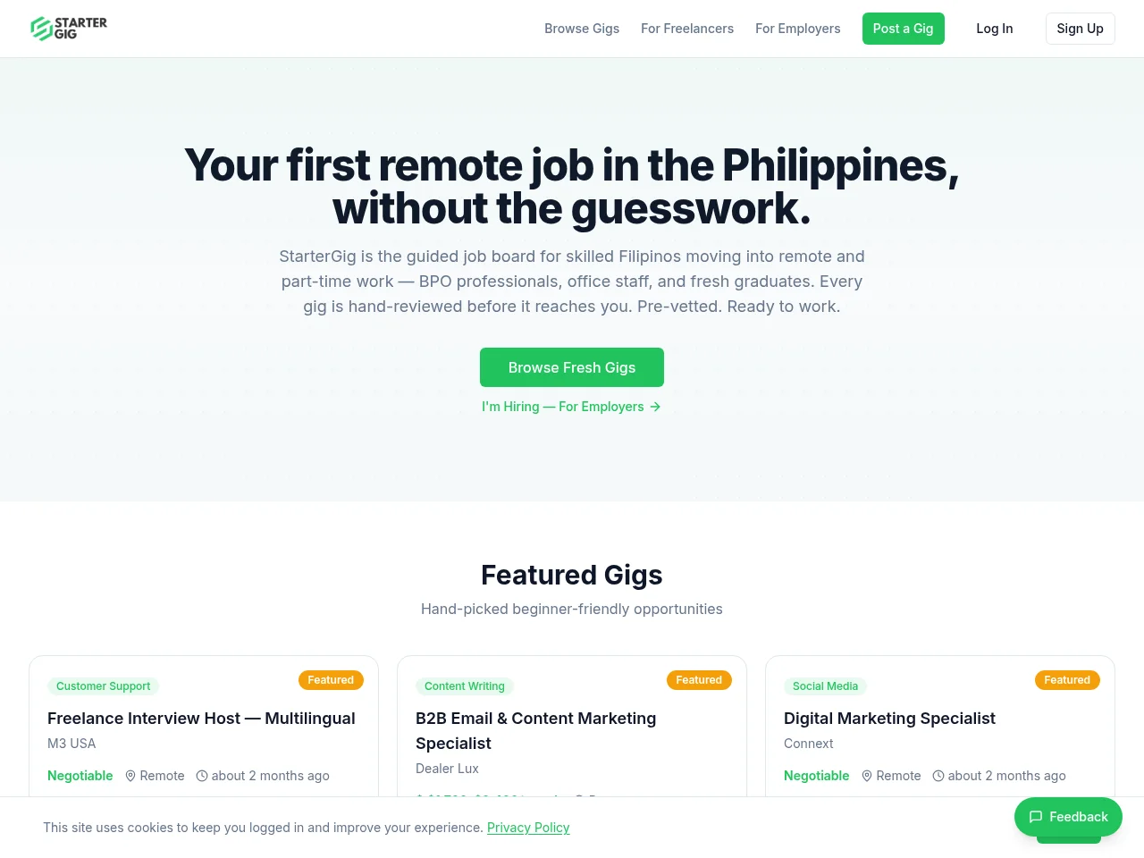 Starter Gig job board platform screenshot showing job search interface