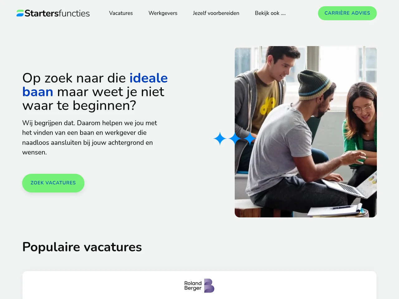 Startersfuncties.nl job board platform screenshot showing job search interface