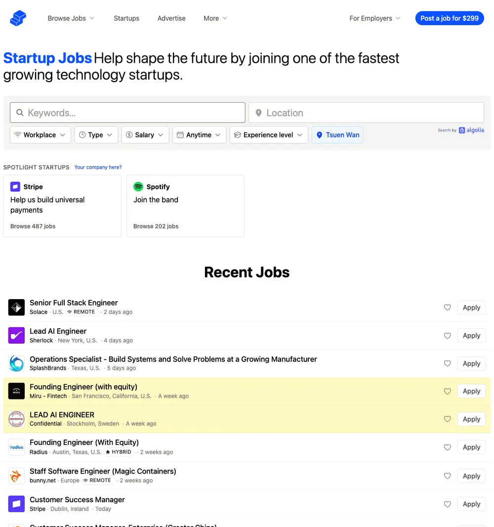 Startup Jobs job board platform screenshot showing job search interface