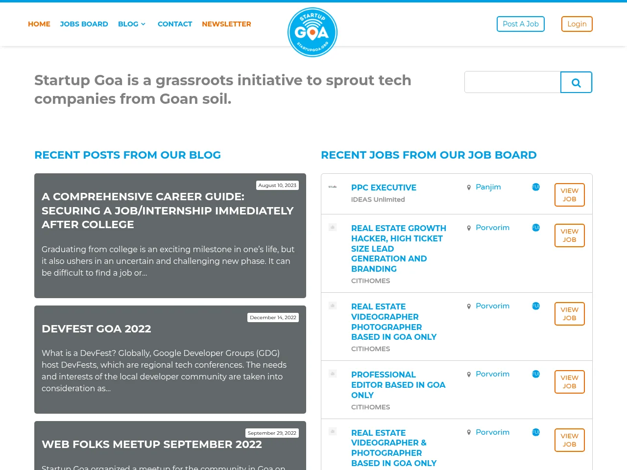Startup Goa screenshot Startup Goa job board platform screenshot showing job search interface