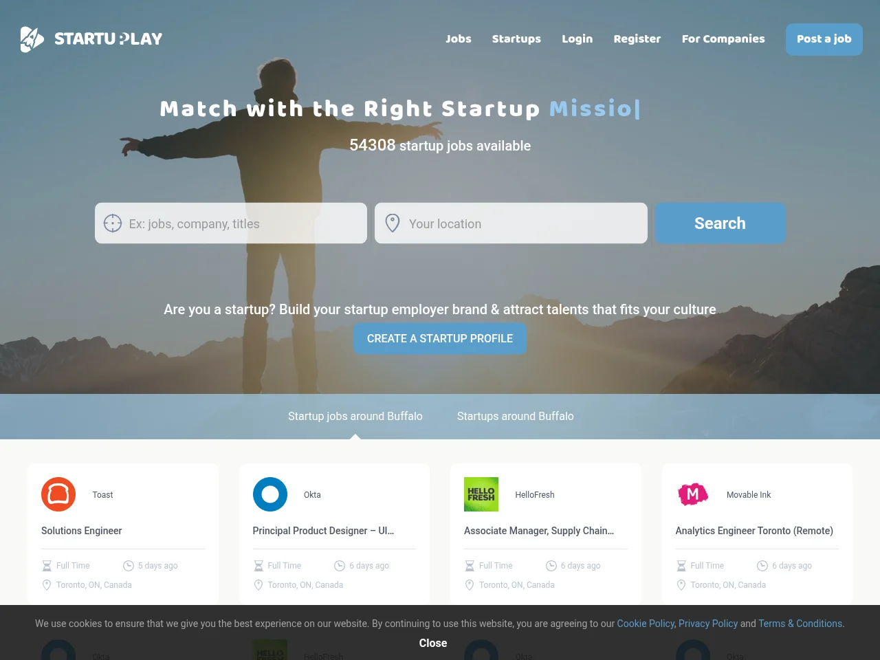 Startup Play job board platform screenshot showing job search interface
